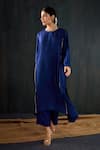 Tuli_Navy Silk, Cotton Zari Round Neck Saanjh Three-kali Kurta And Pant Set _at_Aza_Fashions