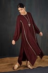 Tuli_Maroon Silk, Cotton Zari Round Neck Sukoon Three-kali Kurta And Straight Pant Set _at_Aza_Fashions