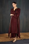 Shop_Tuli_Maroon Silk, Cotton Zari Round Neck Sukoon Three-kali Kurta And Straight Pant Set 