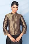 Vishwa By Pinki Sinha_Black Silk Zari Mandarin Collar Brocade Woven Jacket And Draped Skirt Set _Online_at_Aza_Fashions