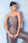 Vishwa By Pinki Sinha_Navy Brocade, Silk Zari Sweetheart Neck Corset And Trouser Set _at_Aza_Fashions