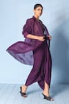 Buy_Vishwa By Pinki Sinha_Gold Silk Round Neck, Collared Brocade Corset Top, Drape Skirt And Organza Jacket _Online_at_Aza_Fashions