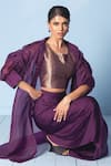 Buy_Vishwa By Pinki Sinha_Gold Silk Round Neck, Collared Brocade Corset Top, Drape Skirt And Organza Jacket 