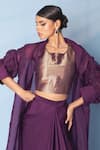 Shop_Vishwa By Pinki Sinha_Gold Silk Round Neck, Collared Brocade Corset Top, Drape Skirt And Organza Jacket 
