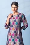 Vishwa By Pinki Sinha_Blue Brocade, Silk Zari Round Neck Rangkaat Banarsi Woven Kurta And Pant _Online_at_Aza_Fashions