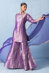 Vishwa By Pinki Sinha_Purple Silk, Organza Zari, Lace Round Neck Shikargah Banarsi Kurta Sharara Set _at_Aza_Fashions
