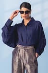 Vishwa By Pinki Sinha_Navy Silk Zari Collared Shirt And Brocade Pant Set _at_Aza_Fashions