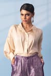 Shop_Vishwa By Pinki Sinha_Beige Silk Zari Collared Shirt And Brocade Woven Pant Set _Online_at_Aza_Fashions