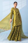 Shop_Vishwa By Pinki Sinha_Green Brocade, Organza Zari, Lace Round Neck Woven Kurta Sharara And Dupatta Set _Online_at_Aza_Fashions