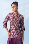 Buy_Vishwa By Pinki Sinha_Purple Brocade Zari Split V-neck Banarsi Woven Kurta And Draped Pant Set 