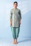 Buy_Vishwa By Pinki Sinha_Green Zari Mandarin Collar Banarsi Woven Kurta And Dhoti Pant Set _Online_at_Aza_Fashions
