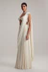 Vvani By Vani Vats_Off White Satin, Georgette Mirrors, Pearls, Embroidery And Draped Saree Set _Online_at_Aza_Fashions