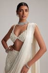 Shop_Vvani By Vani Vats_Off White Satin, Georgette Mirrors, Pearls, Embroidery And Draped Saree Set _Online_at_Aza_Fashions