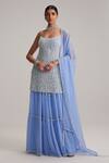 Vvani By Vani Vats_Blue Net, Georgette Mirrors, Pearls, Embroidery Scoop Dew Kurta Sharara Set _Online_at_Aza_Fashions