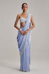 Buy_Vvani By Vani Vats_Blue Satin, Georgette Tassels, Pearls, Mirrors Sweetheart Dew Draped Saree Set _at_Aza_Fashions