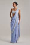 Vvani By Vani Vats_Blue Satin, Georgette Tassels, Pearls, Mirrors Sweetheart Dew Draped Saree Set _Online_at_Aza_Fashions