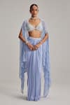 Vvani By Vani Vats_Blue Satin, Georgette Pearls, Mirrors, Beads Open Dew Cape And Draped Skirt Set _Online_at_Aza_Fashions