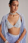 Shop_Vvani By Vani Vats_Blue Satin, Georgette Pearls, Mirrors, Beads Open Dew Cape And Draped Skirt Set _Online_at_Aza_Fashions