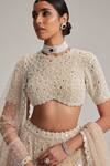 Vvani By Vani Vats_Beige Organza, Georgette, Net Mirrors, Pearls, And Work Bridal Lehenga Set _Online_at_Aza_Fashions