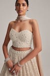Vvani By Vani Vats_Beige Organza, Georgette, Satin Mirrors, Pearls, And Work Corset Lehenga Set _Online_at_Aza_Fashions