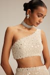 Buy_Vvani By Vani Vats_Beige Georgette, Net Beads, Mirrors One Shoulder Blouse And Pencil Skirt Set _Online_at_Aza_Fashions
