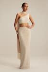 Buy_Vvani By Vani Vats_Beige Georgette, Net, Satin Beads, Mirrors One Pencil Skirt With Stole Set _at_Aza_Fashions