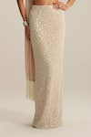 Shop_Vvani By Vani Vats_Beige Georgette, Net, Satin Beads, Mirrors One Pencil Skirt With Stole Set _Online_at_Aza_Fashions
