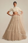 Buy_Vvani By Vani Vats_Beige Georgette, Net Pearls, Beads, Mirrors, Tassels Drop Multi Tier Lehenga Set _at_Aza_Fashions