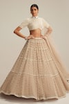 Vvani By Vani Vats_Beige Georgette, Net Pearls, Beads, Mirrors, Tassels Drop Multi Tier Lehenga Set _Online_at_Aza_Fashions