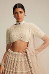 Shop_Vvani By Vani Vats_Beige Georgette, Net Pearls, Beads, Mirrors, Tassels Drop Multi Tier Lehenga Set _Online_at_Aza_Fashions