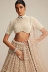 Vvani By Vani Vats_Beige Georgette, Net Pearls, Beads, Mirrors, Tassels Drop Multi Tier Lehenga Set _at_Aza_Fashions