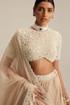 Vvani By Vani Vats_Beige Organza, Georgette Mirrors, Pearls, Embroidery, Blouse And Lehenga Set _at_Aza_Fashions