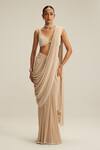 Vvani By Vani Vats_Beige Georgette Mirrors, Pearls, Tassels, Embroidery Light Draped Saree Set _Online_at_Aza_Fashions