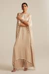 Buy_Vvani By Vani Vats_Beige Satin Pearls, Tassels Round Neck Light Work Kaftan Set _at_Aza_Fashions
