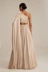 Shop_Vvani By Vani Vats_Beige Satin Pearls, Tassels One Shoulder Light Lehenga Set _at_Aza_Fashions