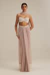 Vvani By Vani Vats_Off White Georgette Mirrors, Pearls, Beads Ash Pink Scattered Draped Skirt Set _Online_at_Aza_Fashions