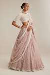 Shop_Vvani By Vani Vats_Pink Organza, Georgette Pearls, Beads, Mirrors, Sequins, Ash Drop Lehenga Set _at_Aza_Fashions