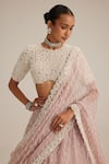 Buy_Vvani By Vani Vats_Pink Organza, Georgette Pearls, Beads, Mirrors, Sequins, Ash Drop Lehenga Set _Online_at_Aza_Fashions