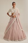 Buy_Vvani By Vani Vats_Pink Organza, Georgette Pearls, Beads, Mirrors, Sequins, Ash Drop Lehenga Set _at_Aza_Fashions