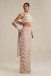 Vvani By Vani Vats_Off White Georgette, Net, Satin Pearls, Sequins Ash Pink Drop Pencil Skirt Set _Online_at_Aza_Fashions