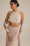 Buy_Vvani By Vani Vats_Off White Georgette, Net, Satin Pearls, Sequins Ash Pink Drop Pencil Skirt Set _Online_at_Aza_Fashions