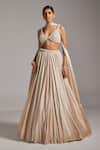 Vvani By Vani Vats_Beige Satin, Georgette Pearls, Beads, Mirrors Light V Blouse And Skirt Set _at_Aza_Fashions