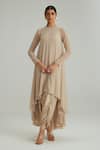 Buy_Vvani By Vani Vats_Beige Georgette, Satin, Modal Pearls Round Neck Light Kurta Set _at_Aza_Fashions