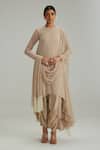 Buy_Vvani By Vani Vats_Beige Georgette, Satin, Modal Pearls, Tassels Round Light Kurta With Stole Set _at_Aza_Fashions