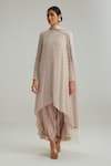 Shop_Vvani By Vani Vats_Pink Georgette, Satin, Modal Beads, Pearls High Neck Ash Drop Kurta Set _at_Aza_Fashions