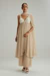 Buy_Vvani By Vani Vats_Beige Georgette Mirrors, Pearls, Embroidery V-neck Light Kurta Set _at_Aza_Fashions