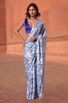 Buy_Naintara Bajaj_White Chinon V-neck Floral Print Pre-draped Saree With Blouse _at_Aza_Fashions