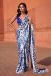 Buy_Naintara Bajaj_White Chinon Pom-poms V-neck Floral Print Pre-draped Saree With Blouse _at_Aza_Fashions