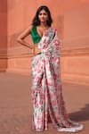 Buy_Naintara Bajaj_Pink Chinon V-neck Floral Bloom Print Pre-draped Saree With Blouse _at_Aza_Fashions