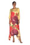 ISADAA BY ROTNA DUTT_Yellow Georgette, Satin Round Neck Digital Printed Floral Kaftan _Online_at_Aza_Fashions